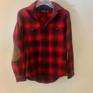 Polo Ralph Lauren 100% Wool Plaid Suede Elbow Patch Button Flannel Shirt